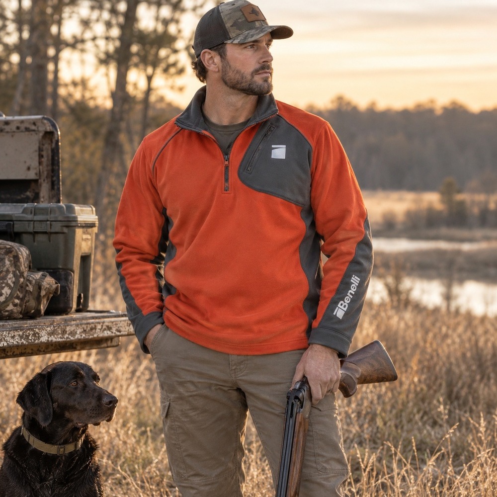 Benelli Pullover Fleece Hunting Shooting 1/4 Zip Chest Pocket Orange Gray Men XL